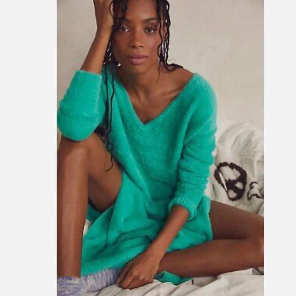 Free People Girls Night In Maxi Pullover Fuzzy Knit Sweater Dress Green XS NWOT